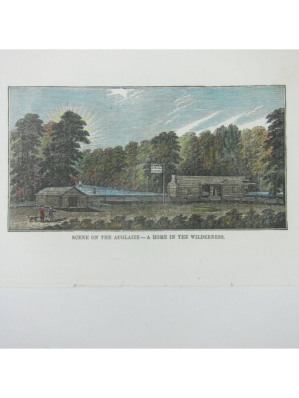 Engraving Print Ohio Auglaize River Scene Cabin Home Hand Colored Antique 1847